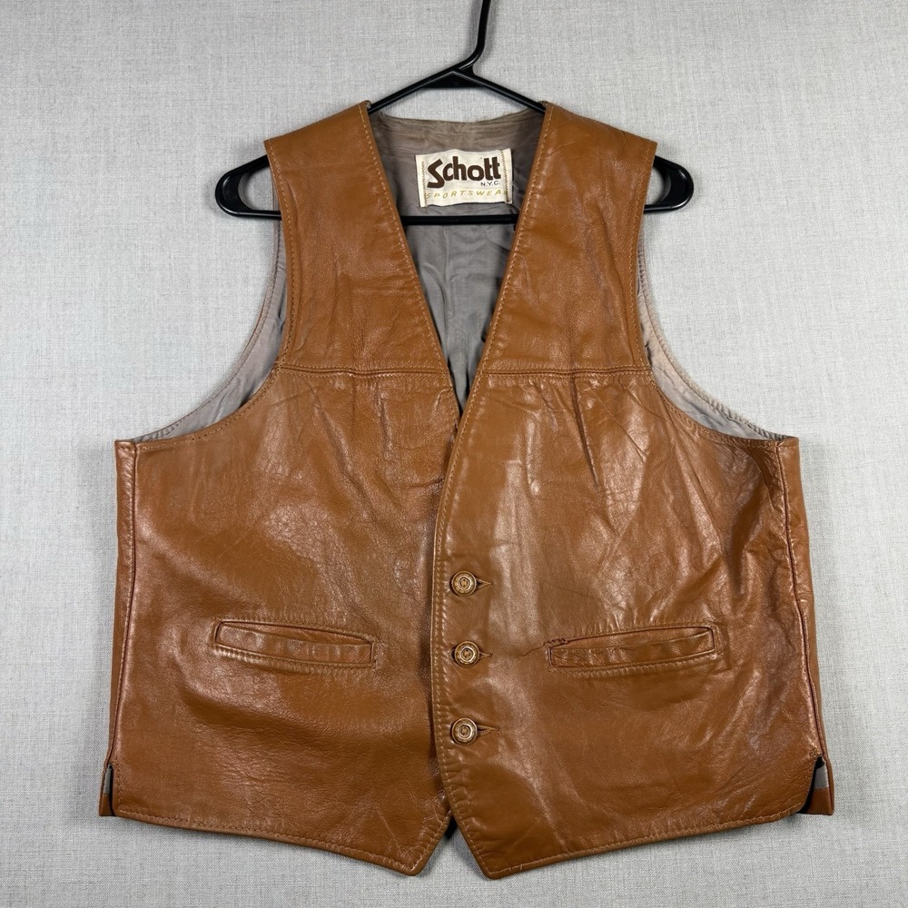 Schott NYC Sportswear Vest Men's Size Medium Brown Leather Vintage Western Dress
